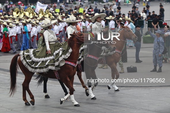 Charro women take part in the military civic parade for the commemoration of the 114th anniversary of the Mexican Revolution at the main squ...