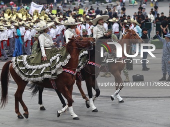 Charro women take part in the military civic parade for the commemoration of the 114th anniversary of the Mexican Revolution at the main squ...