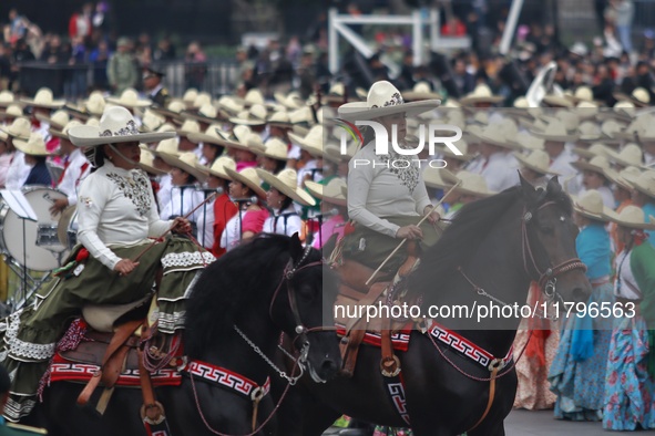 Charro women take part in the military civic parade for the commemoration of the 114th anniversary of the Mexican Revolution at the main squ...