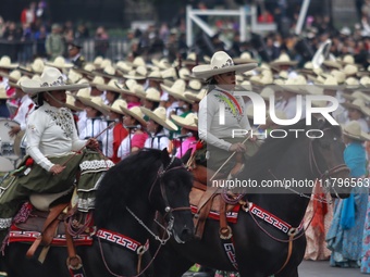 Charro women take part in the military civic parade for the commemoration of the 114th anniversary of the Mexican Revolution at the main squ...