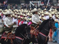 Charro women take part in the military civic parade for the commemoration of the 114th anniversary of the Mexican Revolution at the main squ...