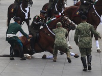 A horse collapses during the military civic parade for the commemoration of the 114th anniversary of the Mexican Revolution at the main squa...