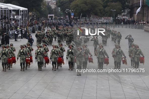 The military takes part in the military civic parade for the commemoration of the 114th anniversary of the Mexican Revolution at the main sq...