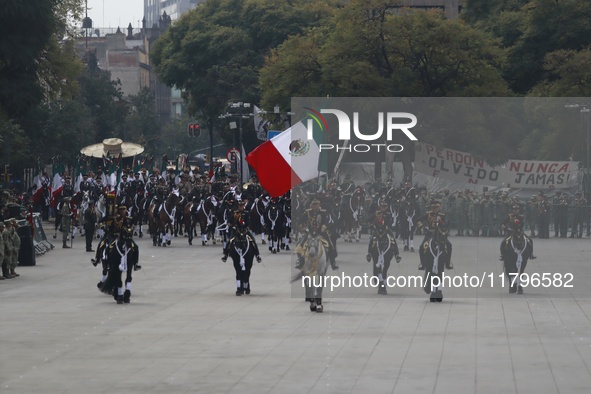 The military takes part in the military civic parade for the commemoration of the 114th anniversary of the Mexican Revolution at the main sq...