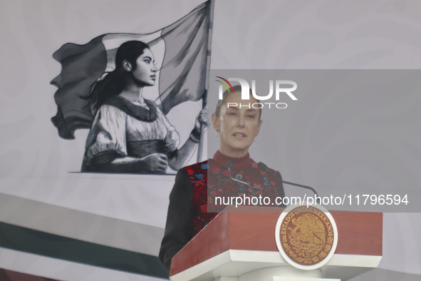 Mexico's President Claudia Sheinbaum Pardo participates in a ceremony for the commemoration of the 114th anniversary of the Mexican Revoluti...