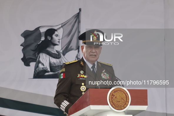 The Minister of Defense of Mexico, Ricardo Trevilla Trejo, participates in a ceremony for the commemoration of the 114th anniversary of the...