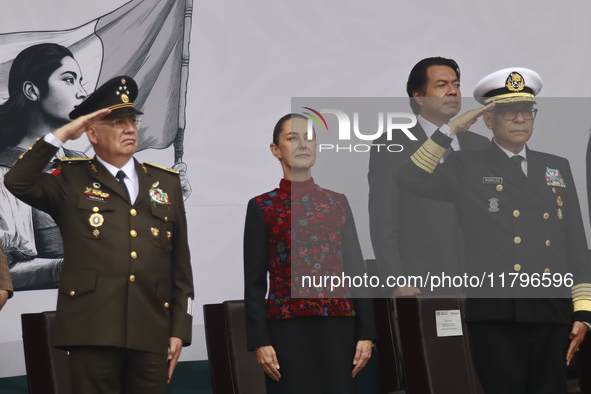 (L-R) Minister of Defense of Mexico Ricardo Trevilla Trejo, Mexico's President Claudia Sheinbaum Pardo, and Minister of the Mexican Navy Ray...