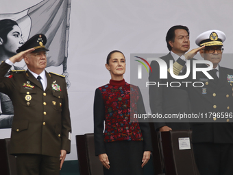 (L-R) Minister of Defense of Mexico Ricardo Trevilla Trejo, Mexico's President Claudia Sheinbaum Pardo, and Minister of the Mexican Navy Ray...