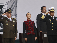 (L-R) Minister of Defense of Mexico Ricardo Trevilla Trejo, Mexico's President Claudia Sheinbaum Pardo, and Minister of the Mexican Navy Ray...