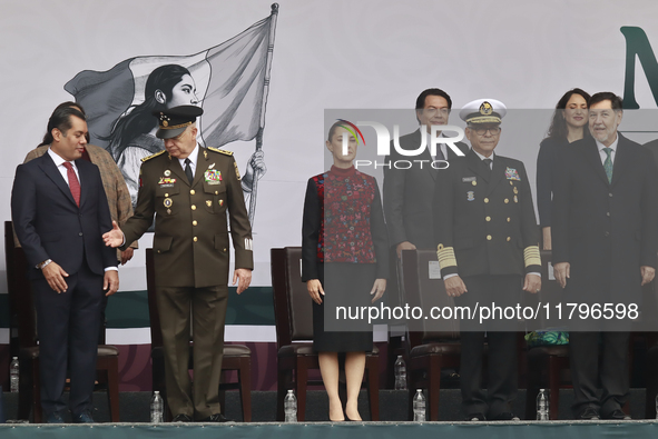 (L-R) Minister of Defense of Mexico Ricardo Trevilla Trejo, Mexico's President Claudia Sheinbaum Pardo, and Minister of the Mexican Navy Ray...