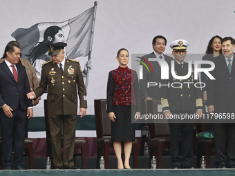 (L-R) Minister of Defense of Mexico Ricardo Trevilla Trejo, Mexico's President Claudia Sheinbaum Pardo, and Minister of the Mexican Navy Ray...