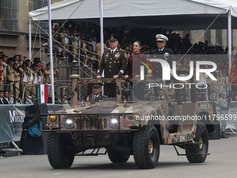 (L-R) Minister of Defense of Mexico Ricardo Trevilla Trejo, Mexico's President Claudia Sheinbaum Pardo, and Minister of the Mexican Navy Ray...