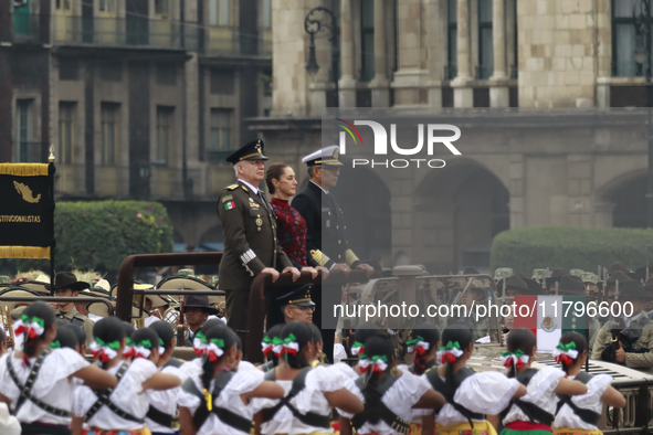 (L-R) Minister of Defense of Mexico Ricardo Trevilla Trejo, Mexico's President Claudia Sheinbaum Pardo, and Minister of the Mexican Navy Ray...