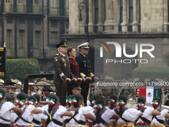 (L-R) Minister of Defense of Mexico Ricardo Trevilla Trejo, Mexico's President Claudia Sheinbaum Pardo, and Minister of the Mexican Navy Ray...