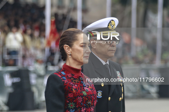 Mexico's President Claudia Sheinbaum Pardo and Minister of the Mexican Navy Raymundo Pedro Morales Angeles attend the ceremony for the comme...