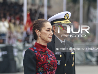 Mexico's President Claudia Sheinbaum Pardo and Minister of the Mexican Navy Raymundo Pedro Morales Angeles attend the ceremony for the comme...