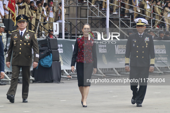 (L-R) Minister of Defense of Mexico Ricardo Trevilla Trejo, Mexico's President Claudia Sheinbaum Pardo, and Minister of the Mexican Navy Ray...