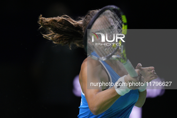 MALAGA, SPAIN - NOVEMBER 20: Lucia Bronzetti of Team Italy in her singles match against Viktoria Hruncakova of Team Slovakia in the final ti...