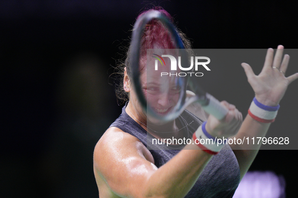 MALAGA, SPAIN - NOVEMBER 19:  Viktoria Hruncakova of Slovakia in her singles match against Lucia Bronzetti of Team Italy in the final tie be...