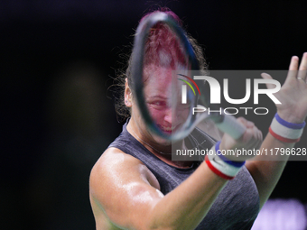 MALAGA, SPAIN - NOVEMBER 19:  Viktoria Hruncakova of Slovakia in her singles match against Lucia Bronzetti of Team Italy in the final tie be...