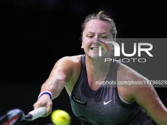 MALAGA, SPAIN - NOVEMBER 19:  Viktoria Hruncakova of Slovakia in her singles match against Lucia Bronzetti of Team Italy in the final tie be...