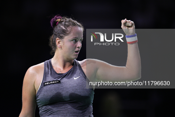 MALAGA, SPAIN - NOVEMBER 19:  Viktoria Hruncakova of Slovakia in her singles match against Lucia Bronzetti of Team Italy in the final tie be...