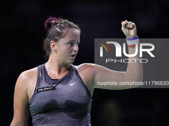 MALAGA, SPAIN - NOVEMBER 19:  Viktoria Hruncakova of Slovakia in her singles match against Lucia Bronzetti of Team Italy in the final tie be...