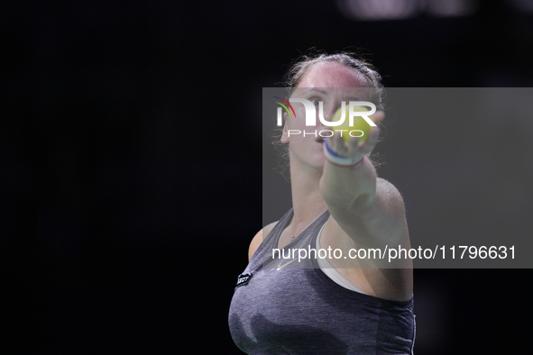 MALAGA, SPAIN - NOVEMBER 19:  Viktoria Hruncakova of Slovakia in her singles match against Lucia Bronzetti of Team Italy in the final tie be...