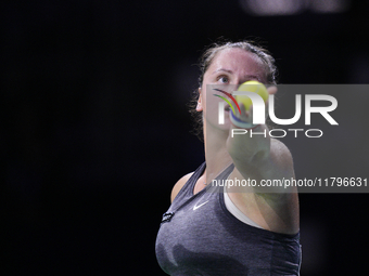 MALAGA, SPAIN - NOVEMBER 19:  Viktoria Hruncakova of Slovakia in her singles match against Lucia Bronzetti of Team Italy in the final tie be...