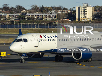 Delta Air Lines Airbus A220-300 passenger aircraft spotted taxiing on the runway and taxiway of LaGuardia airport in NYC. The narrow body Ai...