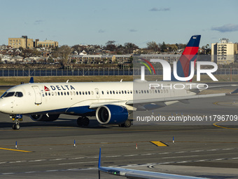 Delta Air Lines Airbus A220-300 passenger aircraft spotted taxiing on the runway and taxiway of LaGuardia airport in NYC. The narrow body Ai...