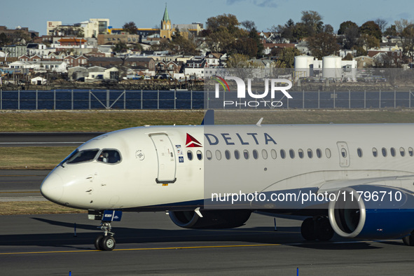 Delta Air Lines Airbus A220-300 passenger aircraft spotted taxiing on the runway and taxiway of LaGuardia airport in NYC. The narrow body Ai...