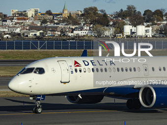 Delta Air Lines Airbus A220-300 passenger aircraft spotted taxiing on the runway and taxiway of LaGuardia airport in NYC. The narrow body Ai...