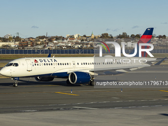 Delta Air Lines Airbus A220-300 passenger aircraft spotted taxiing on the runway and taxiway of LaGuardia airport in NYC. The narrow body Ai...