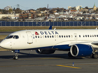 Delta Air Lines Airbus A220-300 passenger aircraft spotted taxiing on the runway and taxiway of LaGuardia airport in NYC. The narrow body Ai...