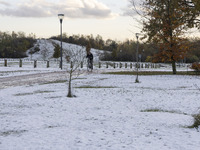 People spotted on their bicycle during with the snow around them. First winter weather of the season with snow hit the Netherlands. Low temp...