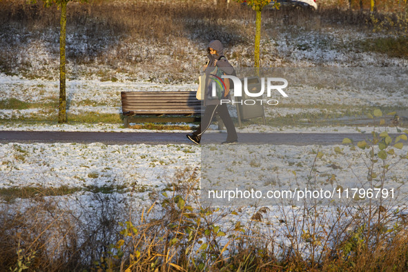 A woman is walking on the road carrying groceries. First winter weather of the season with snow hit the Netherlands as spotted before the su...