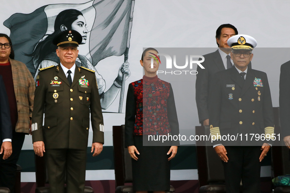 Claudia Sheinbaum, President of Mexico, is accompanied by Ricardo Trevilla Trejo, Secretary of National Defense, and Raymundo Pedro Morales...