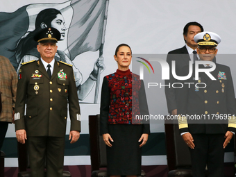 Claudia Sheinbaum, President of Mexico, is accompanied by Ricardo Trevilla Trejo, Secretary of National Defense, and Raymundo Pedro Morales...