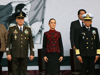 Claudia Sheinbaum, President of Mexico, is accompanied by Ricardo Trevilla Trejo, Secretary of National Defense, and Raymundo Pedro Morales...