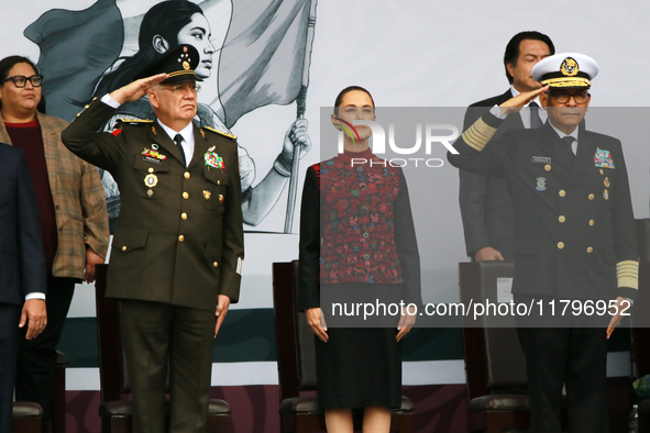 Claudia Sheinbaum, President of Mexico, is accompanied by Ricardo Trevilla Trejo, Secretary of National Defense, and Raymundo Pedro Morales...