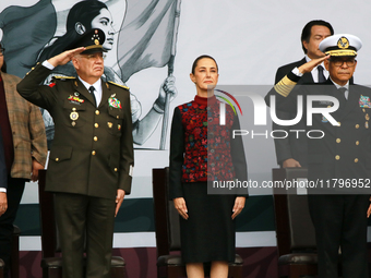 Claudia Sheinbaum, President of Mexico, is accompanied by Ricardo Trevilla Trejo, Secretary of National Defense, and Raymundo Pedro Morales...