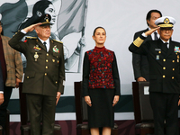 Claudia Sheinbaum, President of Mexico, is accompanied by Ricardo Trevilla Trejo, Secretary of National Defense, and Raymundo Pedro Morales...