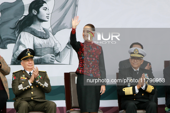 Claudia Sheinbaum, President of Mexico, is accompanied by Ricardo Trevilla Trejo, Secretary of National Defense, and Raymundo Pedro Morales...