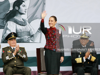 Claudia Sheinbaum, President of Mexico, is accompanied by Ricardo Trevilla Trejo, Secretary of National Defense, and Raymundo Pedro Morales...