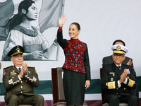 Claudia Sheinbaum, President of Mexico, is accompanied by Ricardo Trevilla Trejo, Secretary of National Defense, and Raymundo Pedro Morales...