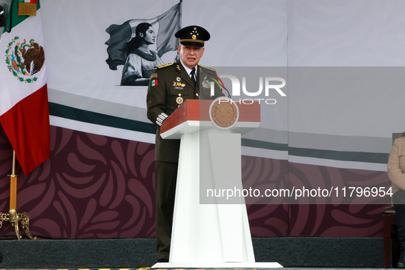 Ricardo Trevilla Trejo, Secretary of National Defense, speaks before the parade on the occasion of the 114th anniversary of the Mexican Revo...