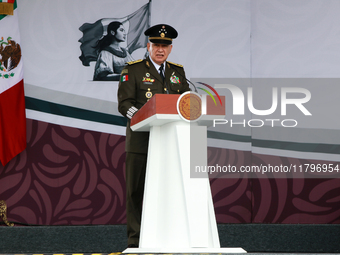 Ricardo Trevilla Trejo, Secretary of National Defense, speaks before the parade on the occasion of the 114th anniversary of the Mexican Revo...