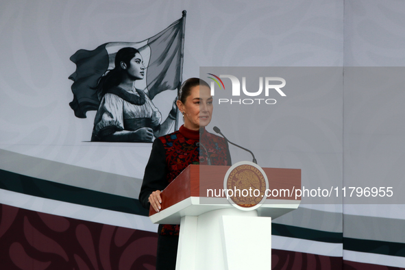 Claudia Sheinbaum, President of Mexico, speaks before the parade on the occasion of the 114th anniversary of the Mexican Revolution at the Z...