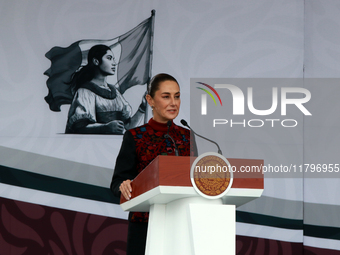 Claudia Sheinbaum, President of Mexico, speaks before the parade on the occasion of the 114th anniversary of the Mexican Revolution at the Z...